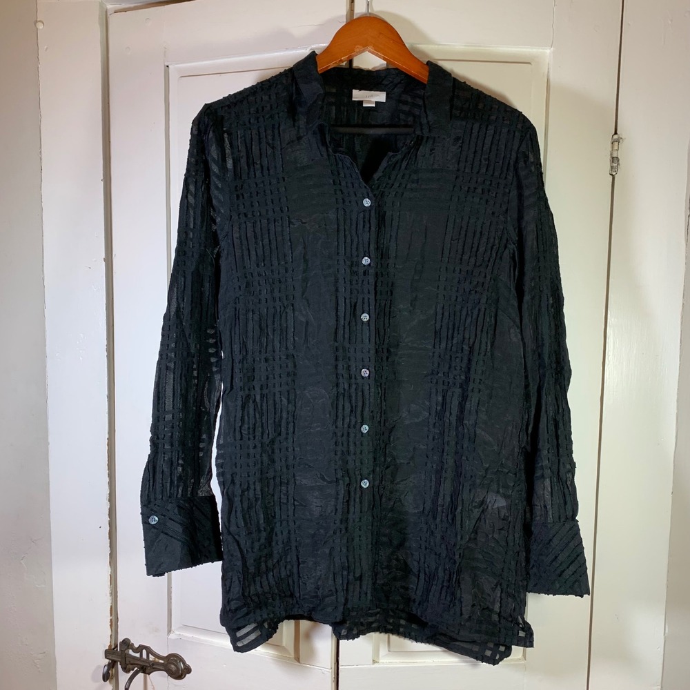 J Jill Black Textured Sheer Button Down Shirt‎ Top Women Large Tunic Lagenlook
